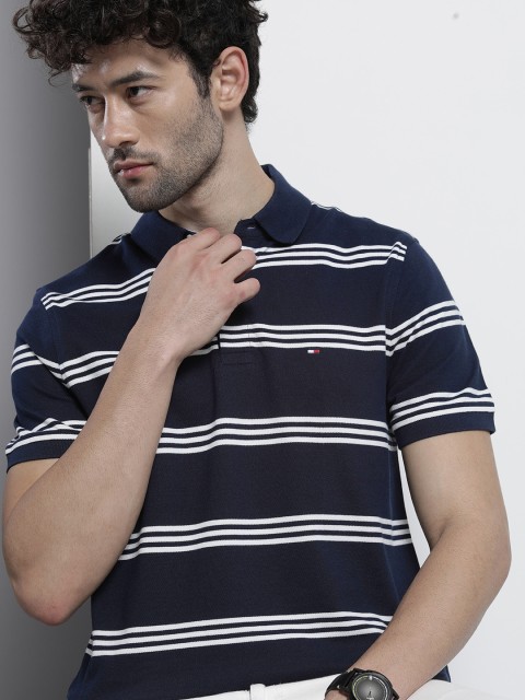 

Tommy Hilfiger Men Navy Blue & White Striped Polo Collar T-shirt