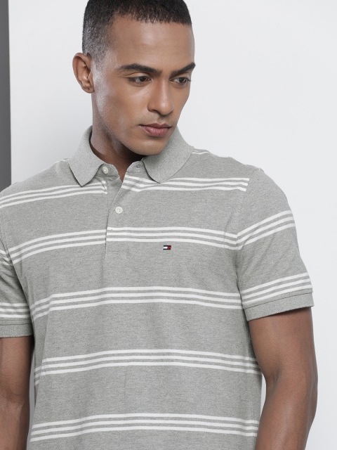 

Tommy Hilfiger Men Grey & White Striped Polo Collar T-shirt