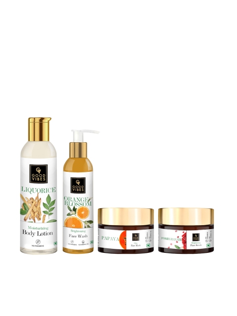 

Good Vibes Combo of Papaya Mask, Pomegranate Scrub, Orange Face Wash & Liquorice Lotion, Transparent