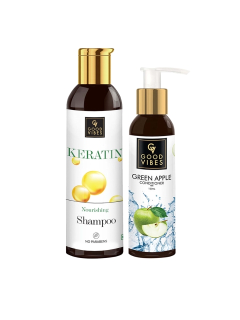

Good Vibes Unisex Keratin Shampoo (200 ml) + Green Apple Conditioner (120 ml) Combo, Transparent