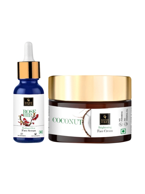 

Good Vibes Skin Care Combo - Rose Hip Serum (10 ml) & Coconut Brightening Cream (50 g), Transparent