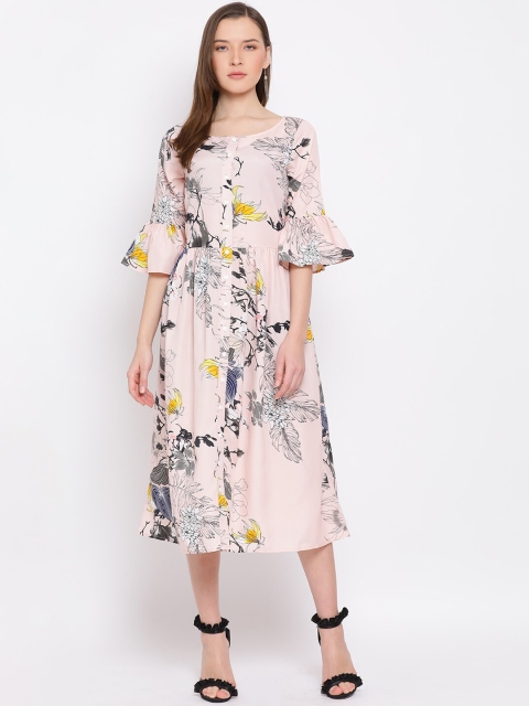 

DRAAX Fashions Pink & Black Floral Bell Sleeves A-Line Midi Dress