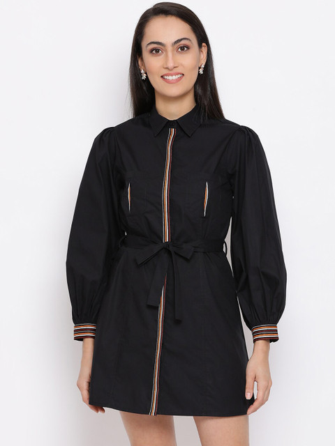 

DRAAX Fashions Black Shirt Mini Dress with Waist Tie-Up