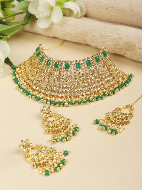 

Priyaasi Gold-Plated Green & White Stone-Studded & Crystal Beaded Jewellery Set