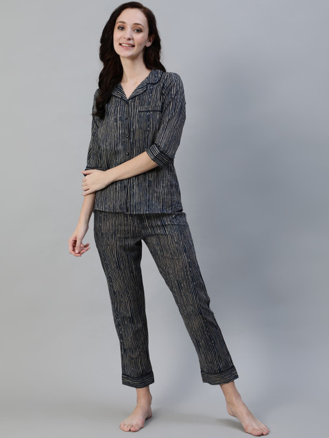 

Ishin Women Navy Blue & Beige Striped Night suit