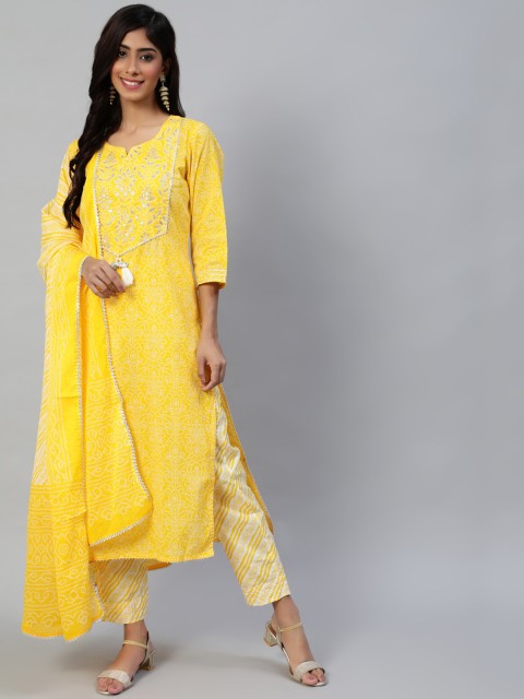 

Ishin Women Yellow Ethnic Motifs Printed Regular Pure Cotton Kurta with Trousers & With Dupatta