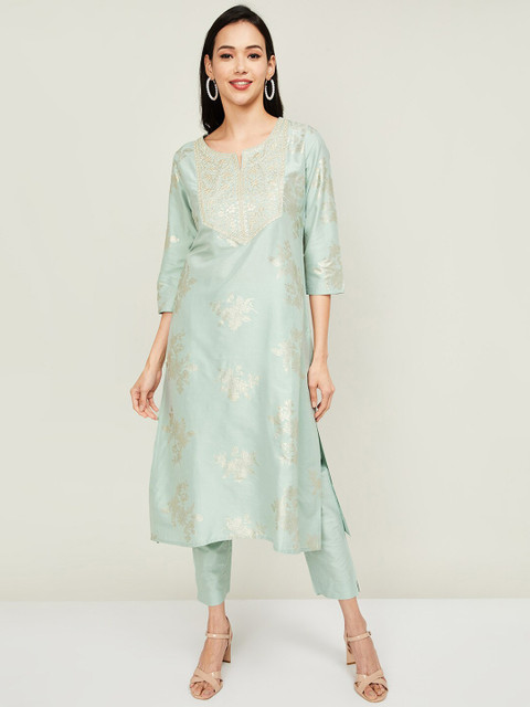 

Melange by Lifestyle Women Blue Floral Embroidered Layered Kurta with Trousers & With Dupatta