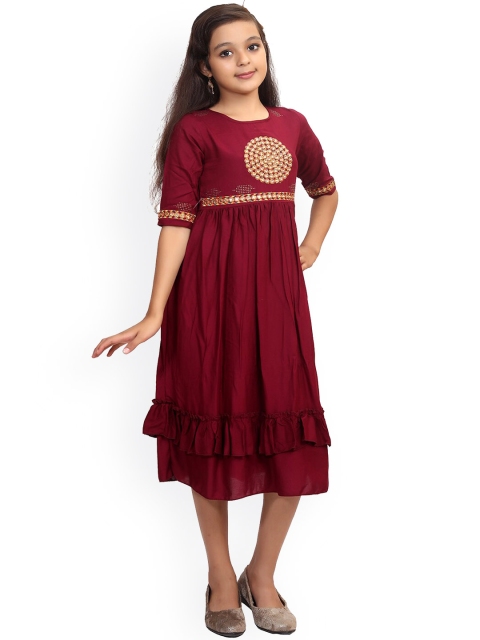 

Ishin Girls Maroon Ethnic Embroidered Empire Dress