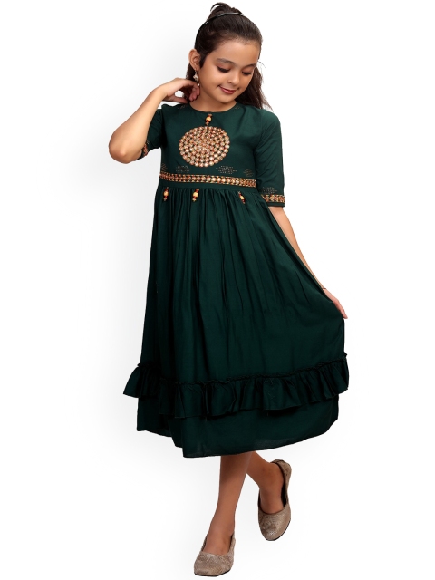 

Ishin Girls Green & Yellow Embroidered Midi Dress