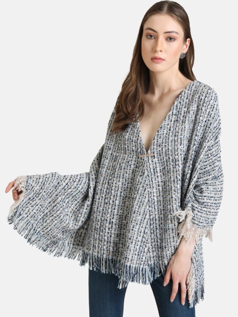 

Kazo Women Blue Jacquard Poncho with Fringe Detail