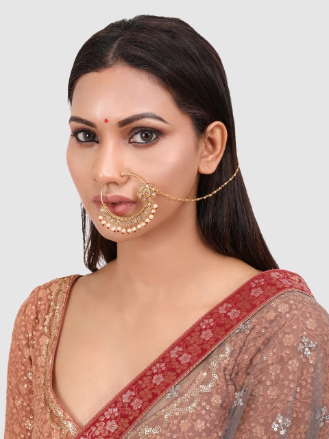 

PENNY JEWELS Gold-Plated & Beige Faux Kempu Ruby & Kundan-Studded Handcrafted Vilandi Nose Ring