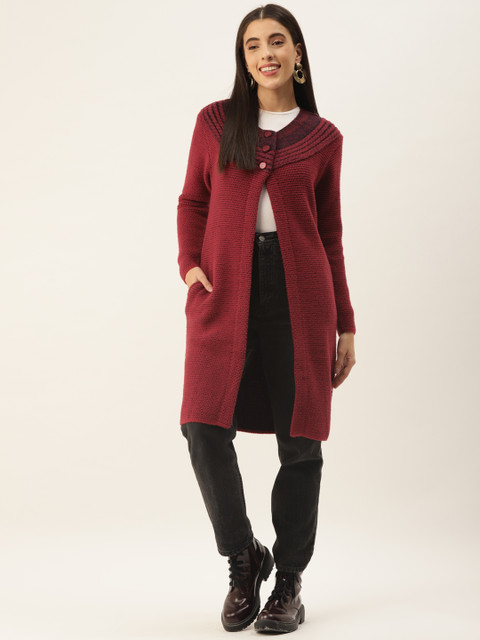 

BROOWL Women Maroon Longline Cardigan