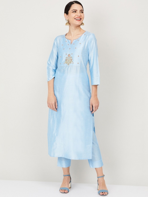 

Melange by Lifestyle Women Blue Ethnic Motifs Embroidered Regular Pure Cotton Kurta with Palazzos & With