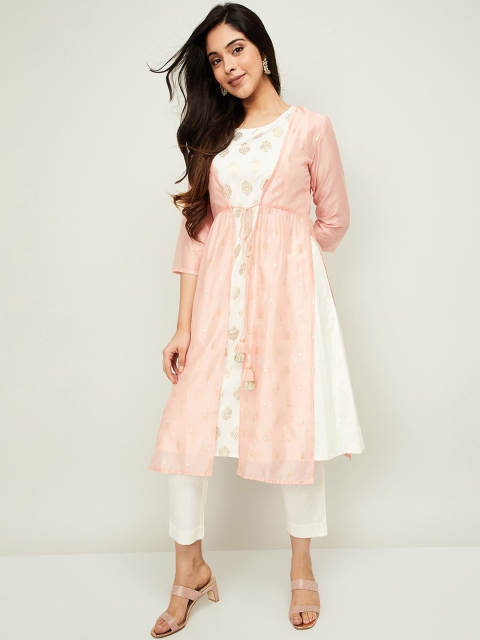 

Melange by Lifestyle Women Pink Embroidered Layered Kurti with Trousers & With Dupatta