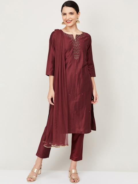 

Melange by Lifestyle Women Maroon Embroidered Regular Kurta with Trousers & Dupatta