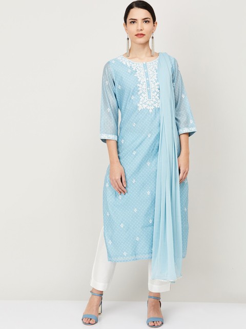 

Melange by Lifestyle Women Blue Floral Embroidered Panelled Kurta with Trousers & With Dupatta