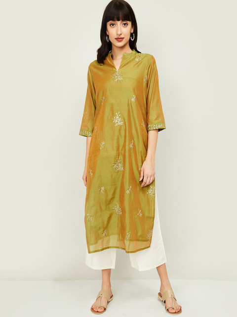 

Melange by Lifestyle Women Olive Green Embroidered Regular Kurti with Trousers & With Dupatta