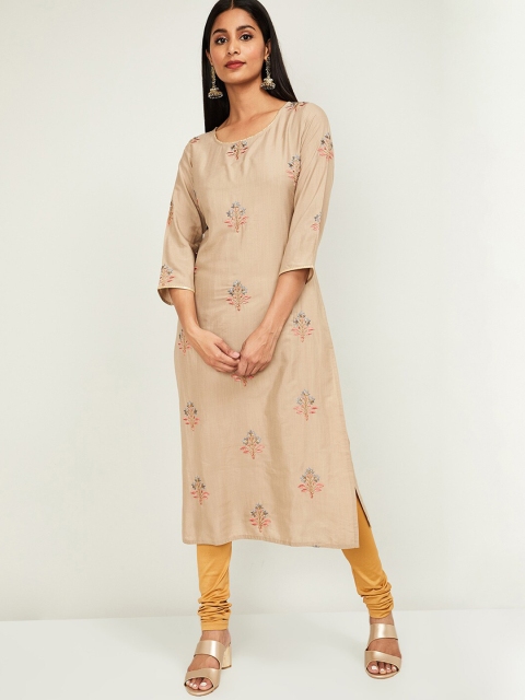 

Melange by Lifestyle Women Beige Floral Embroidered Regular Kurta with Churidar & With Dupatta