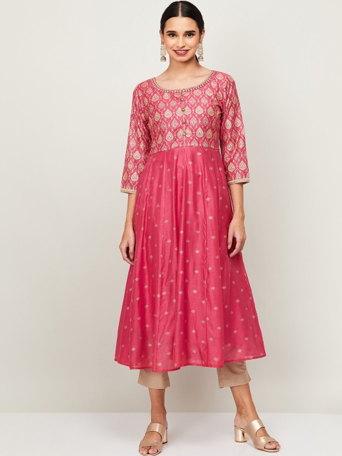 

Melange by Lifestyle Women Pink Floral Embroidered Pleated Kurti with Trousers & With Dupatta