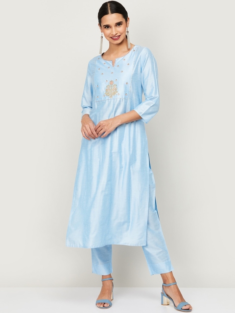 

Melange by Lifestyle Women Blue Floral Embroidered Panelled Pure Cotton Kurti with Trousers & With Dupatta