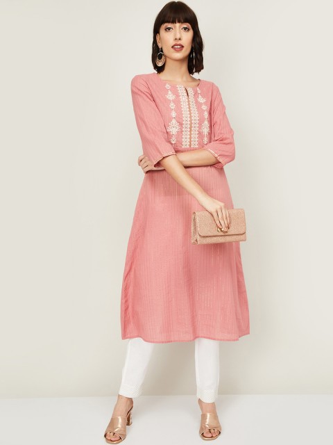 

Melange by Lifestyle Women Pink & White Ethnic Motifs Embroidered Kurta with Trousers