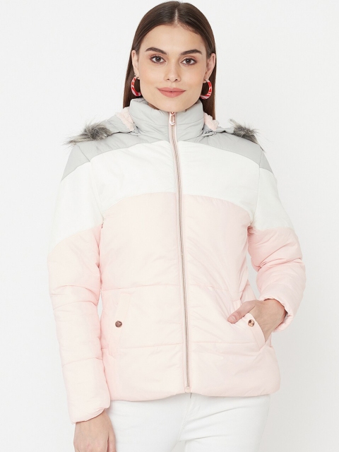

METTLE Women Pink & White Colourblocked Padded Jacket