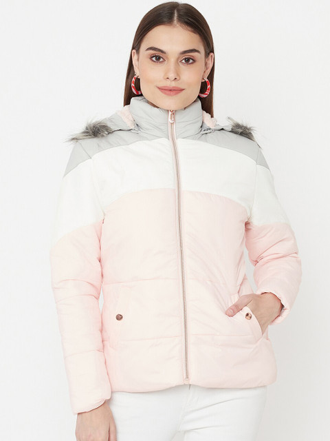 

METTLE Women Pink & White Colourblocked Padded Jacket