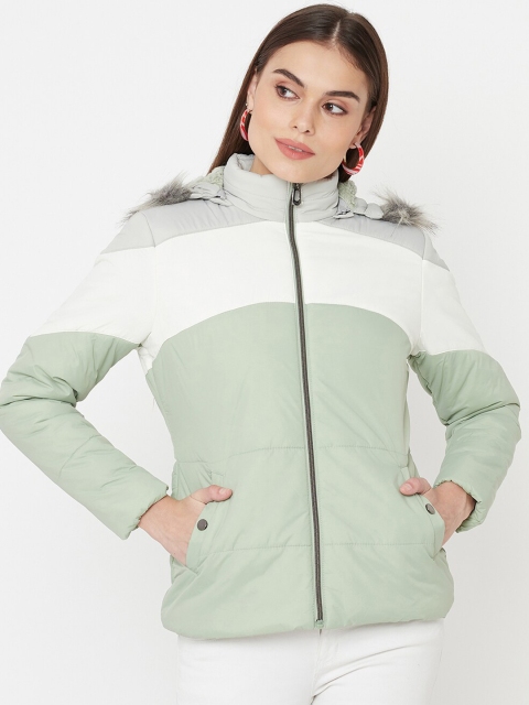 

METTLE Women Green Colourblocked Puffer Jacket with Embroidered