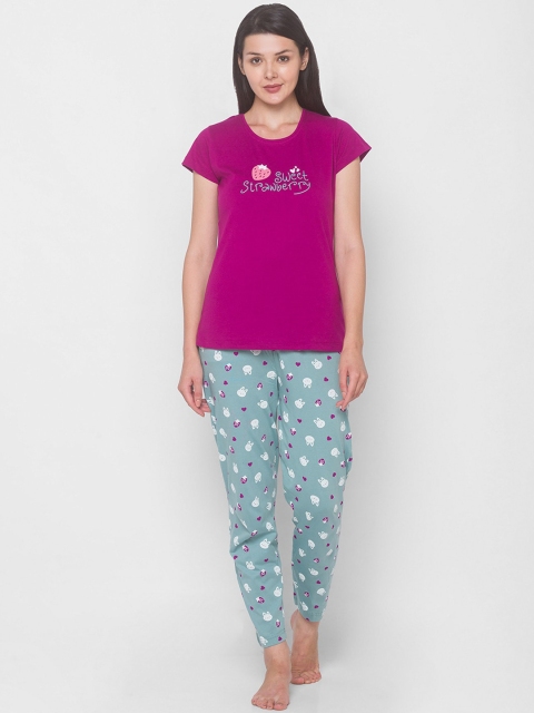 

ZOLA Women Burgundy & Blue Printed Night suit