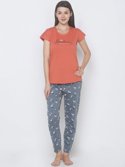 

ZOLA Women Rust & Grey Printed Night suit