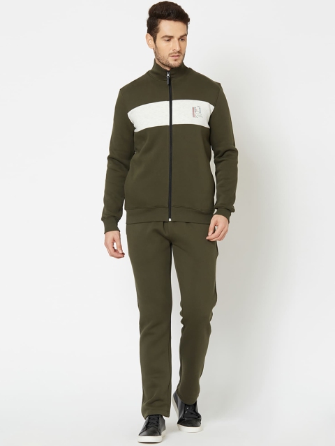 

Sweet Dreams Men Olive & White Solid Cotton Tracksuit