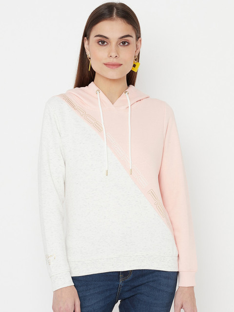 

METTLE Women Pink & White Colourblocked Hooded Sweatshirt