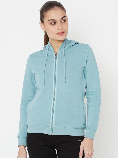 

METTLE Women Teal Green Solid Hooded Sweatshirt