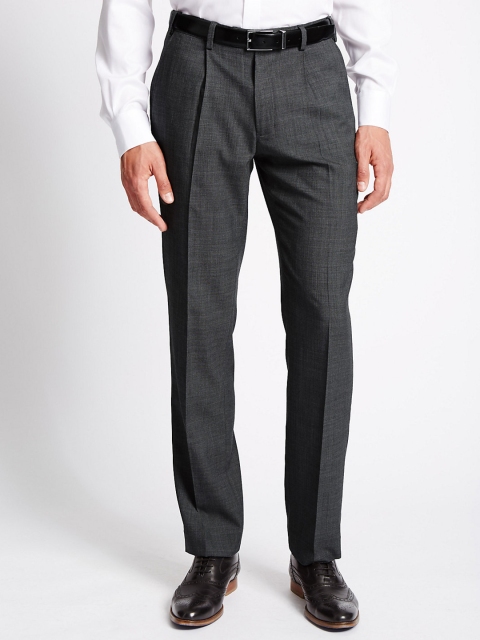 

Marks & Spencer Men Charcoal Self-design Pleated Trousers