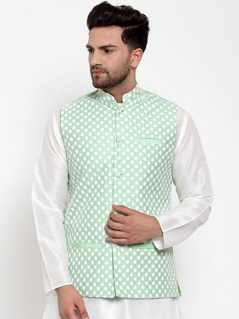 

KRAFT INDIA Men Green & White Embroidered Nehru Jacket