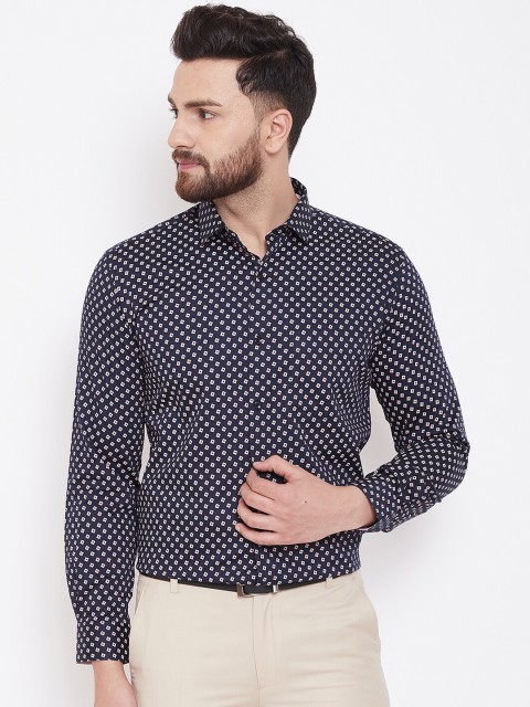 

Canary London Men Navy Blue Cotton Printed Slim Fit Formal Shirt