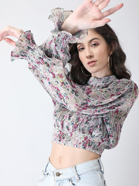 

FabAlley Green & Purple Floral Regular Crop Top
