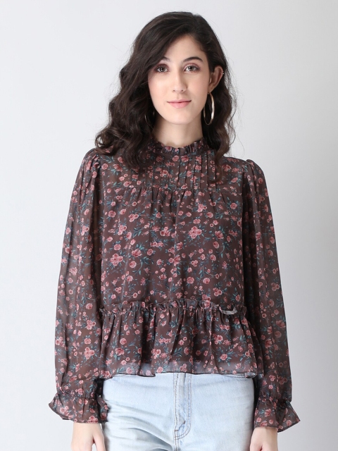 

FabAlley Brown Floral Peplum Top