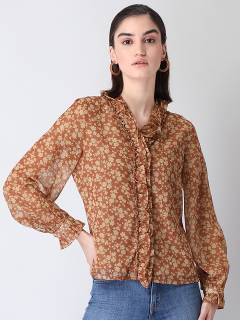 

FabAlley Brown Floral Mandarin Collar Ruffles Shirt Style Top