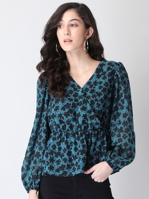 

FabAlley Blue & Black Floral Wrap Top