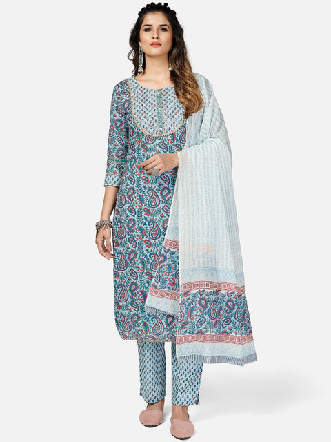 

Vbuyz Women Blue Ethnic Motifs Printed Regular Thread Work Pure Cotton Kurti with Trousers & With Dupatta