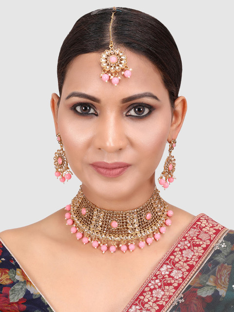 

PENNY JEWELS Woman Pink &Gold Plated Studded Choker Set with Floral Earring &Maangtika