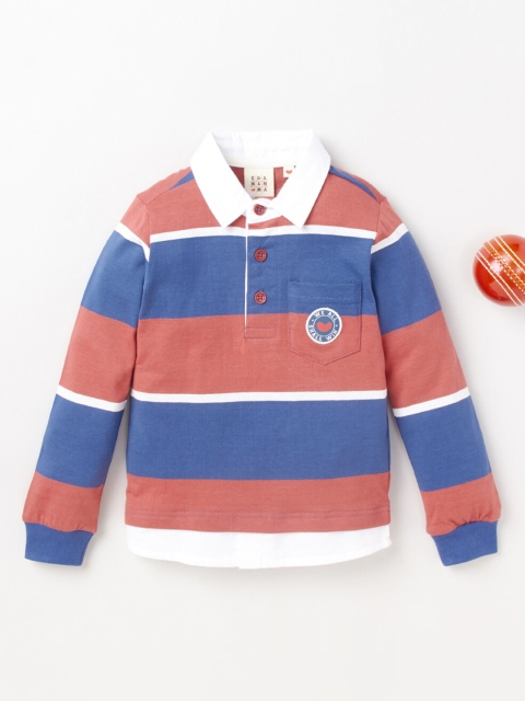 

Ed-a-Mamma Boys Peach-Coloured & Blue Striped Polo Collar Pockets T-shirt