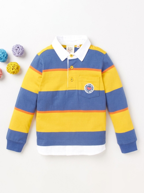 

Ed-a-Mamma Boys Yellow & Blue Striped Polo Collar Cotton T-shirt