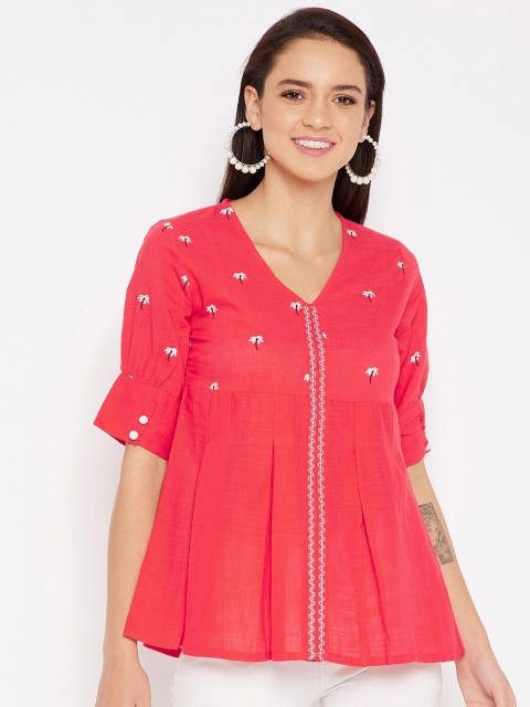 

WineRed Peach-Coloured & Off White Floral Embroidered A-Line Top