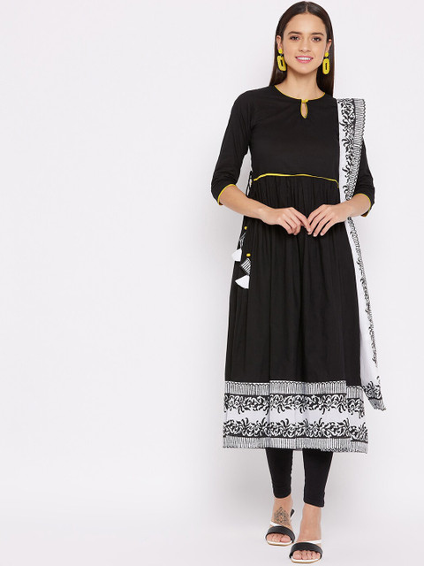 

WineRed Women Black Empire Pure Cotton Kurta with Trousers & With Dupatta
