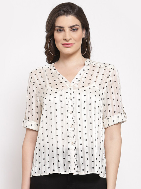 

Mafadeny White & Black Mandarin Collar Roll-Up Sleeves Shirt Style Top