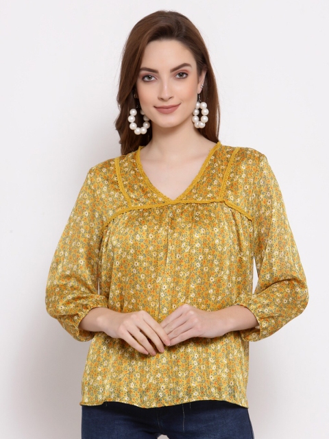 

Mafadeny Mustard Yellow Floral Satin Regular Top