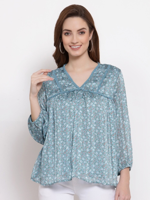 

Mafadeny Blue Floral Satin A-Line Top