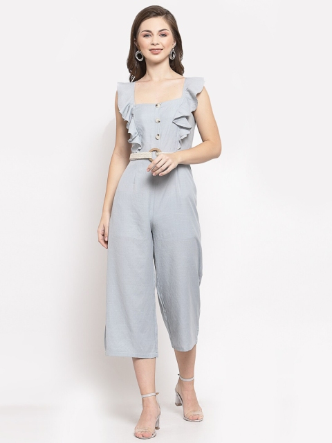 

Mafadeny Grey Solid Cotton Culotte Jumpsuit with Ruffles